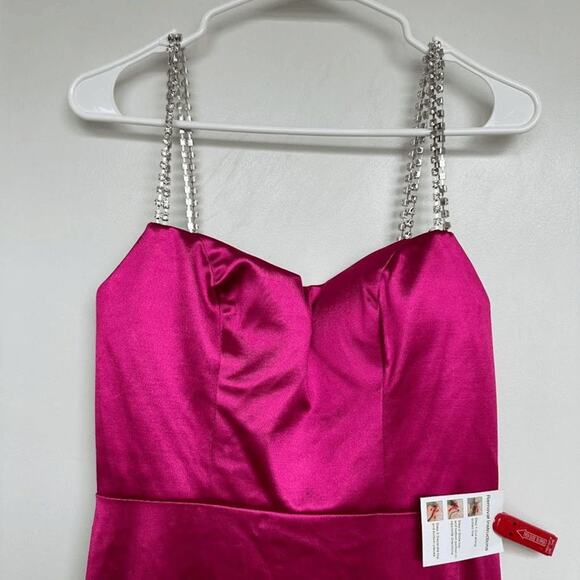 NWT Ieena for Mac Duggal Womens Hot Pink Rhinestone Beaded Strap Satin Dress 2 - Picture 7 of 12
